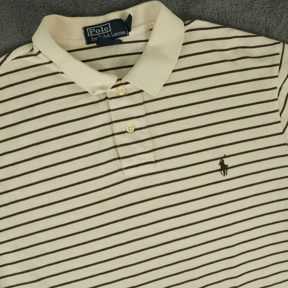 Polo Ralph Lauren Polo Shirt Mens XL Cream Brown Striped Custom Fit Short Sleeve
